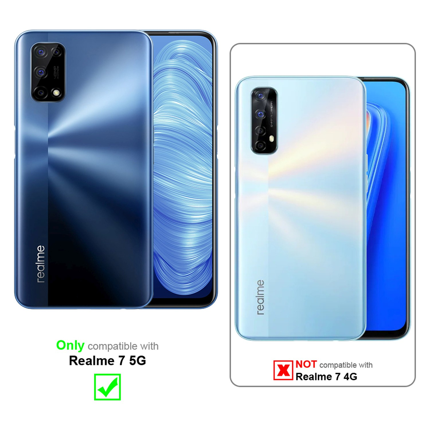 Confronto telefoni: Realme 7 5G compatibile, Realme 7 4G no.