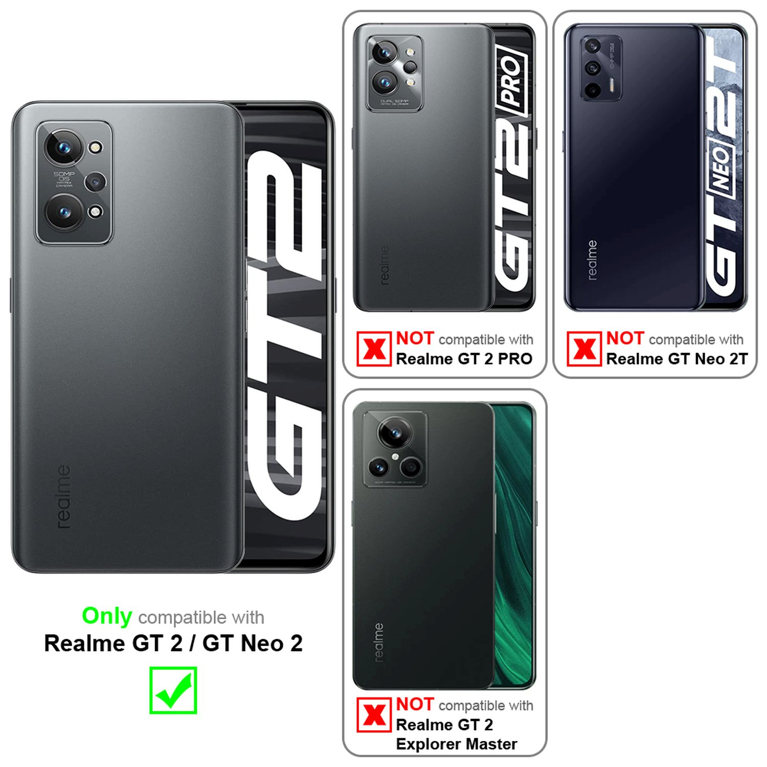 Tre telefoni, solo uno è compatibile con la custodia. Gli altri due non lo sono. Sfondo grigio.