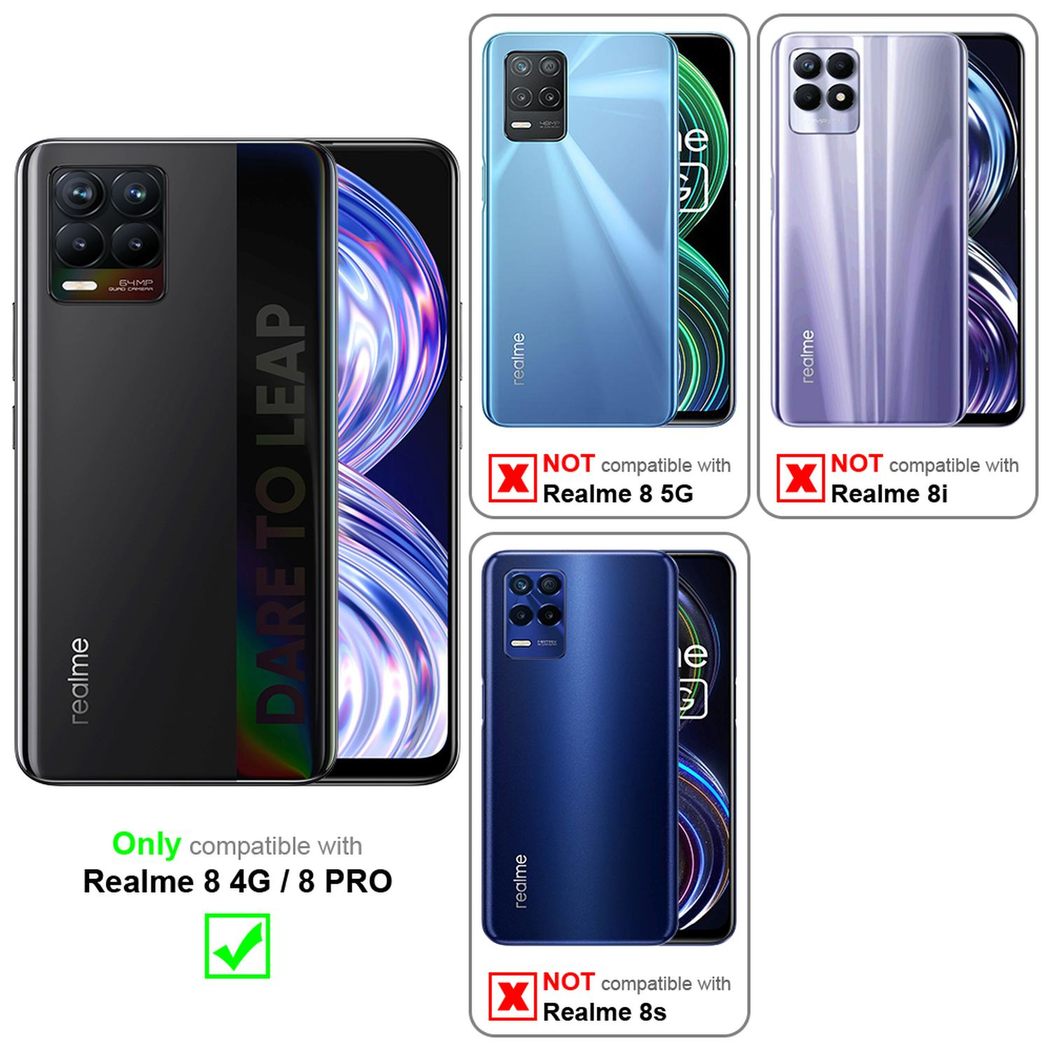 Das Bild zeigt Telefonhüllen, die nur mit bestimmten Realme-Modellen kompatibel sind. Die Hüllen sind in verschiedenen Farben.