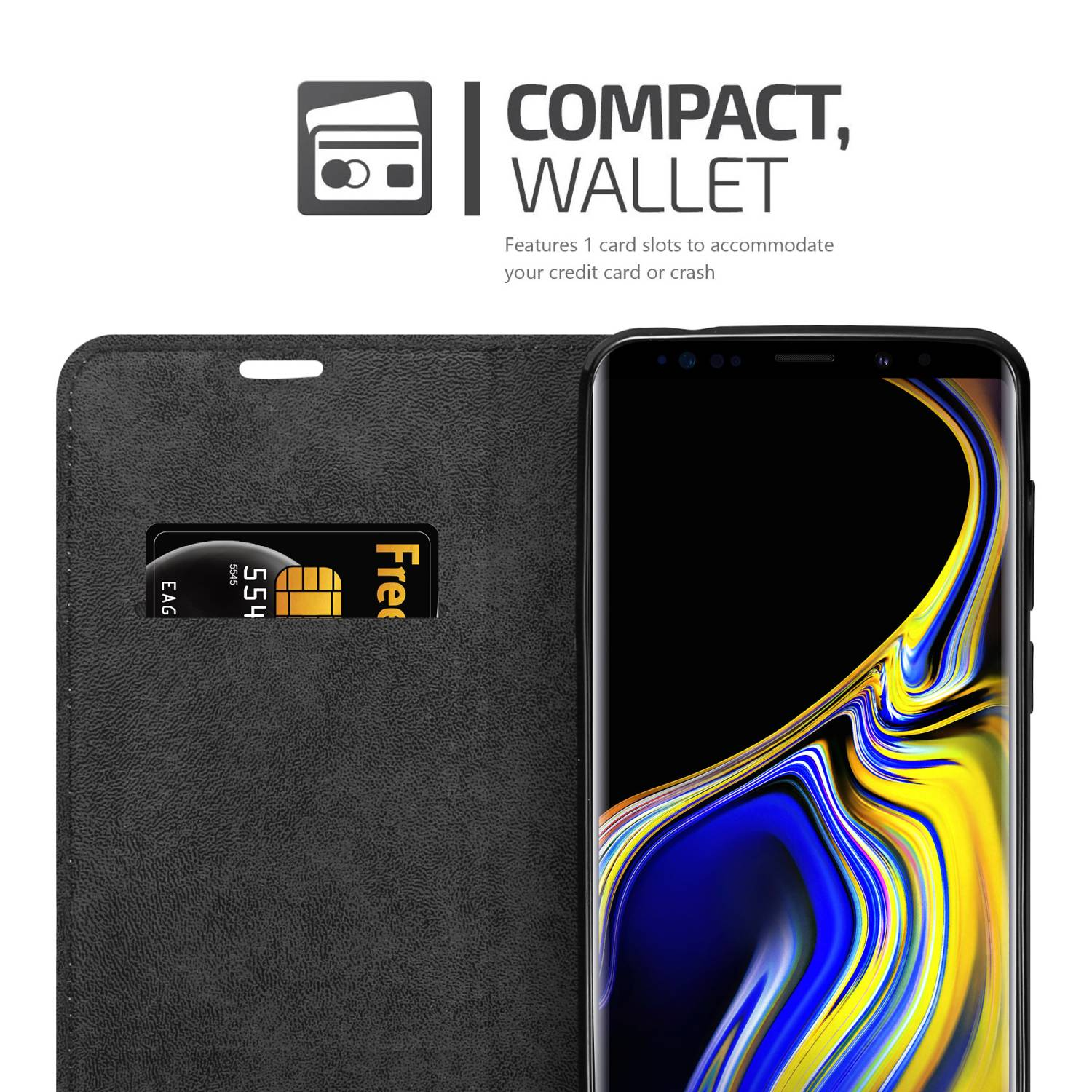 Schwarzes Handy-Case mit Kartenfach und Kreditkarte, sowie Telefon, auf weißem Hintergrund.