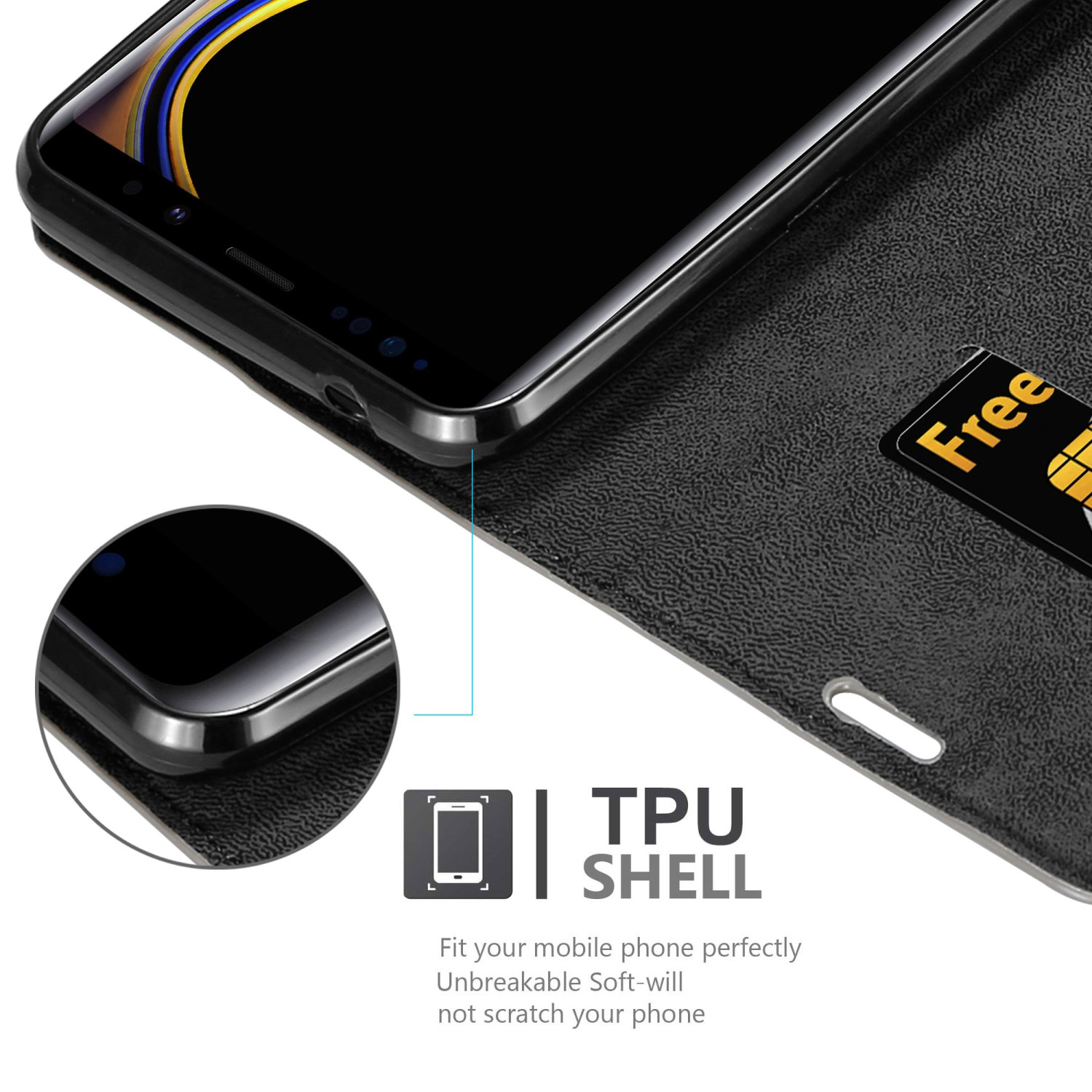 Schwarzes Telefon in einer schwarzen Hülle. Karte in der Hülle: „Free“. Text: „TPU SHELL“.