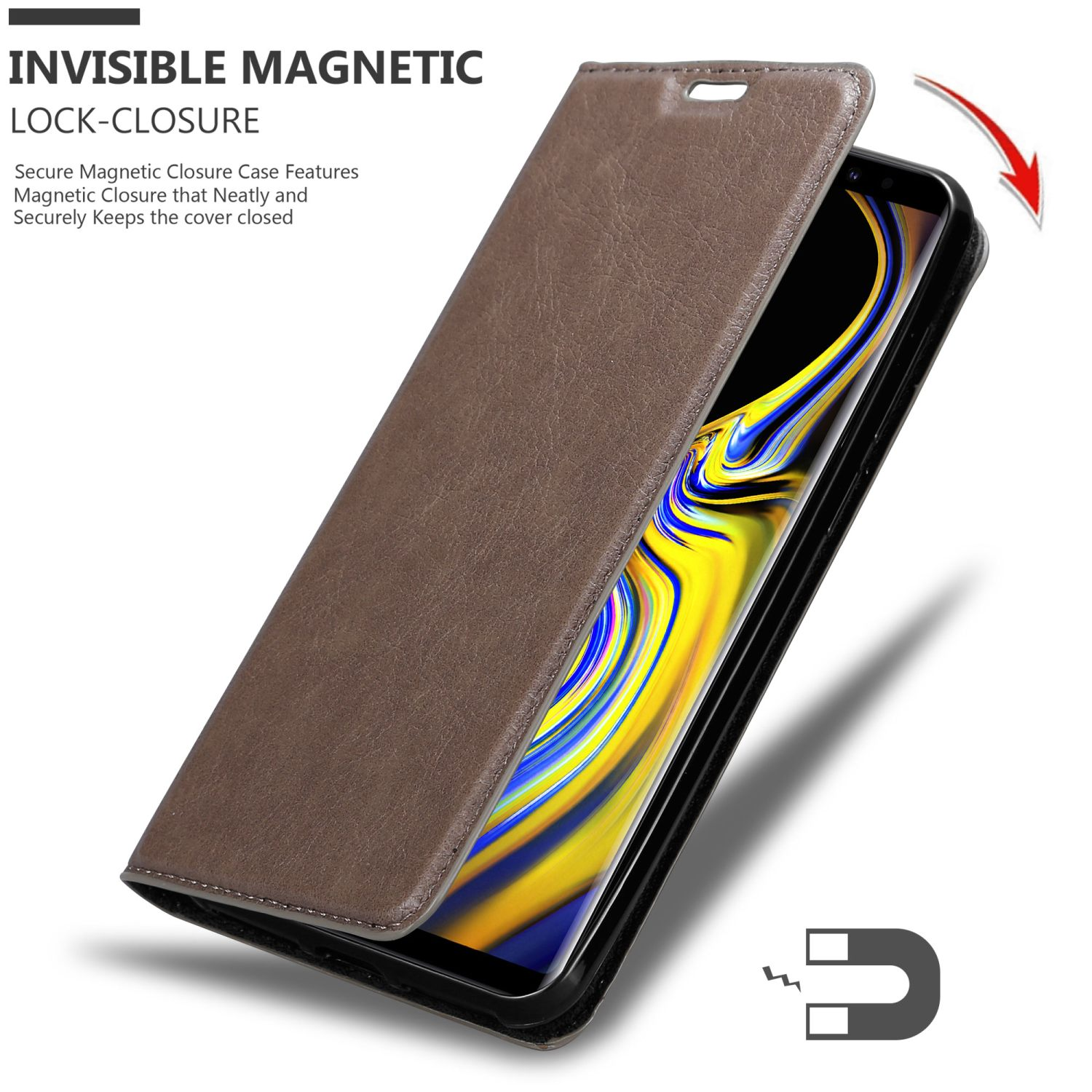 Braune Leder-Handyhülle, offen. Telefon innen. Text: Unsichtbarer Magnetverschluss. Magnet-Symbol.