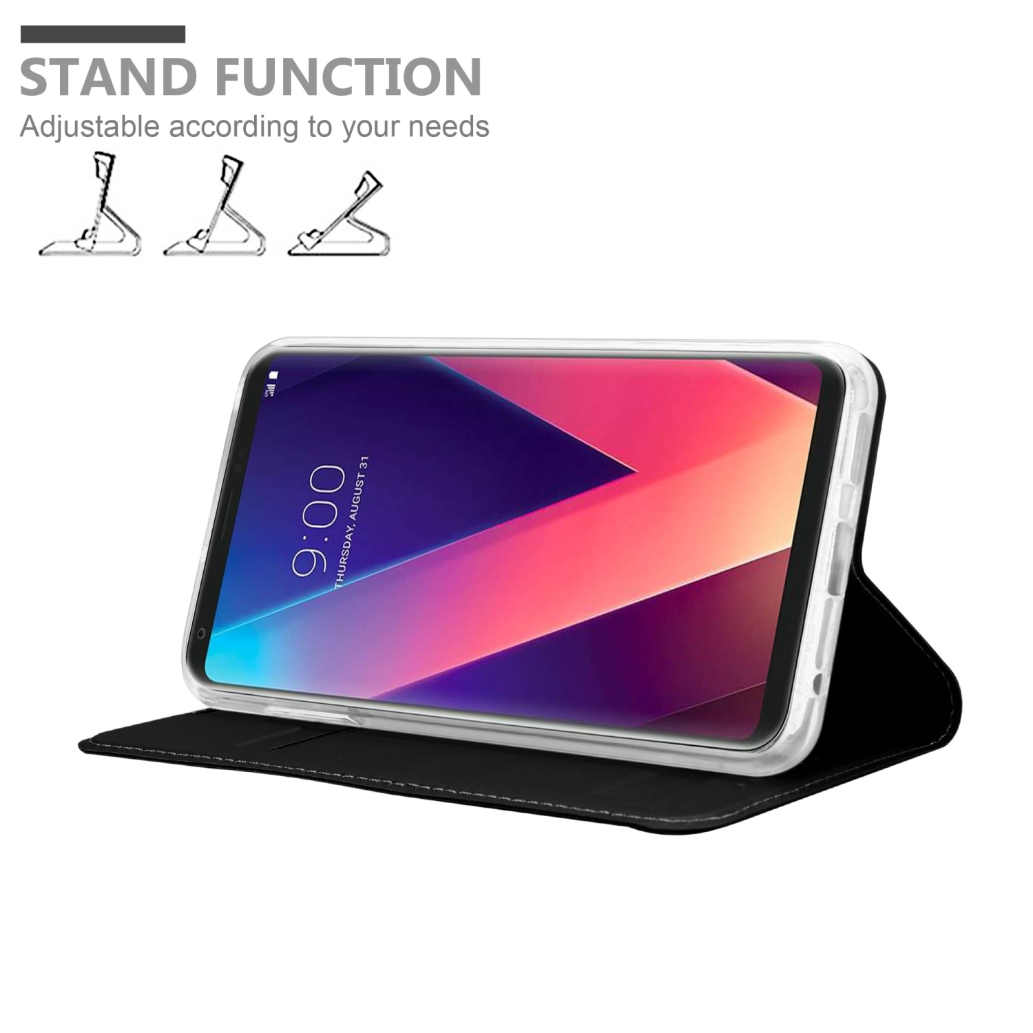 Uno smartphone in una custodia appoggiato, mostra lo schermo. La custodia è nera.