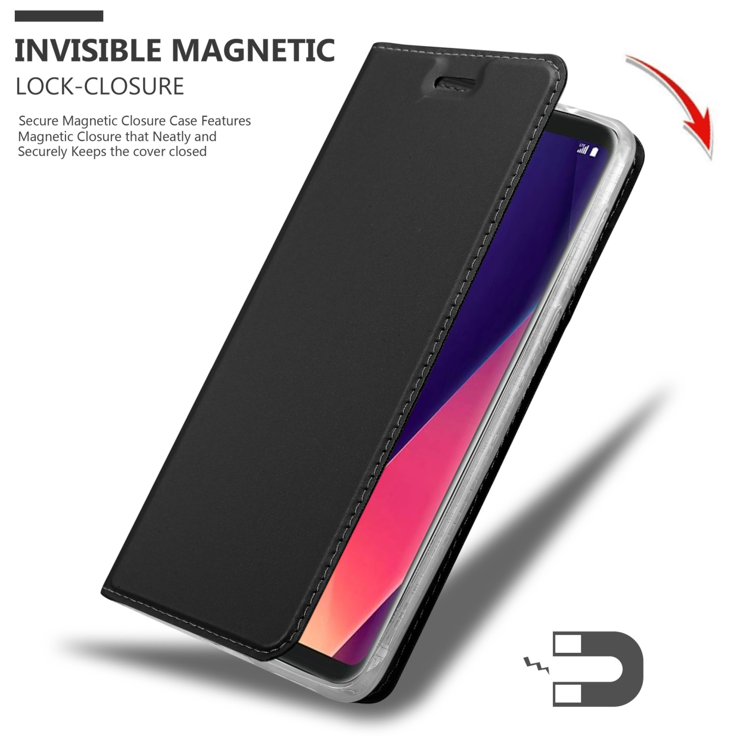Custodia nera per telefono aperta, che rivela un telefono. Chiusura magnetica. Simbolo del magnete.