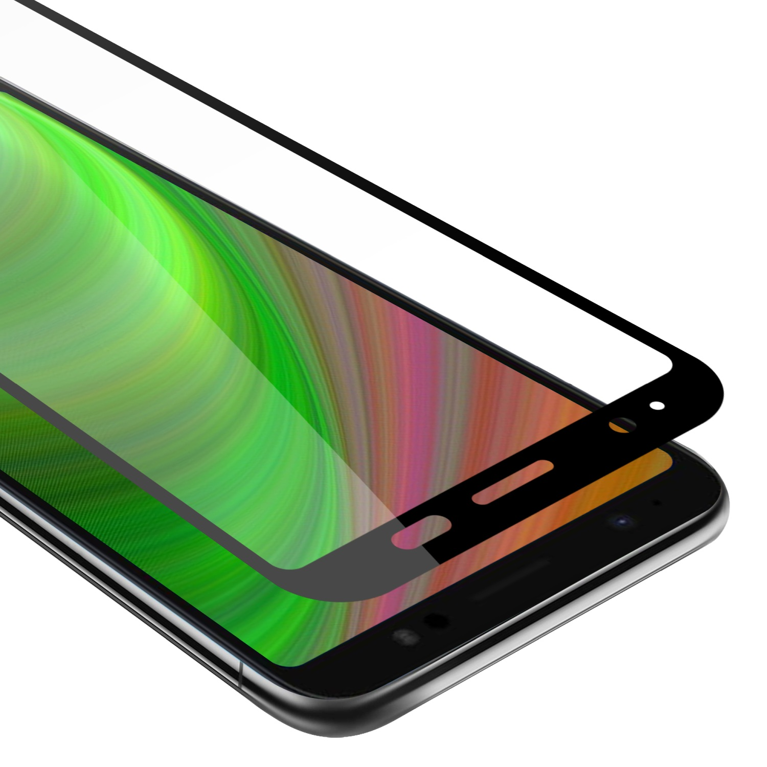 Una protezione schermo su un telefono con uno sfondo verde e multicolore.