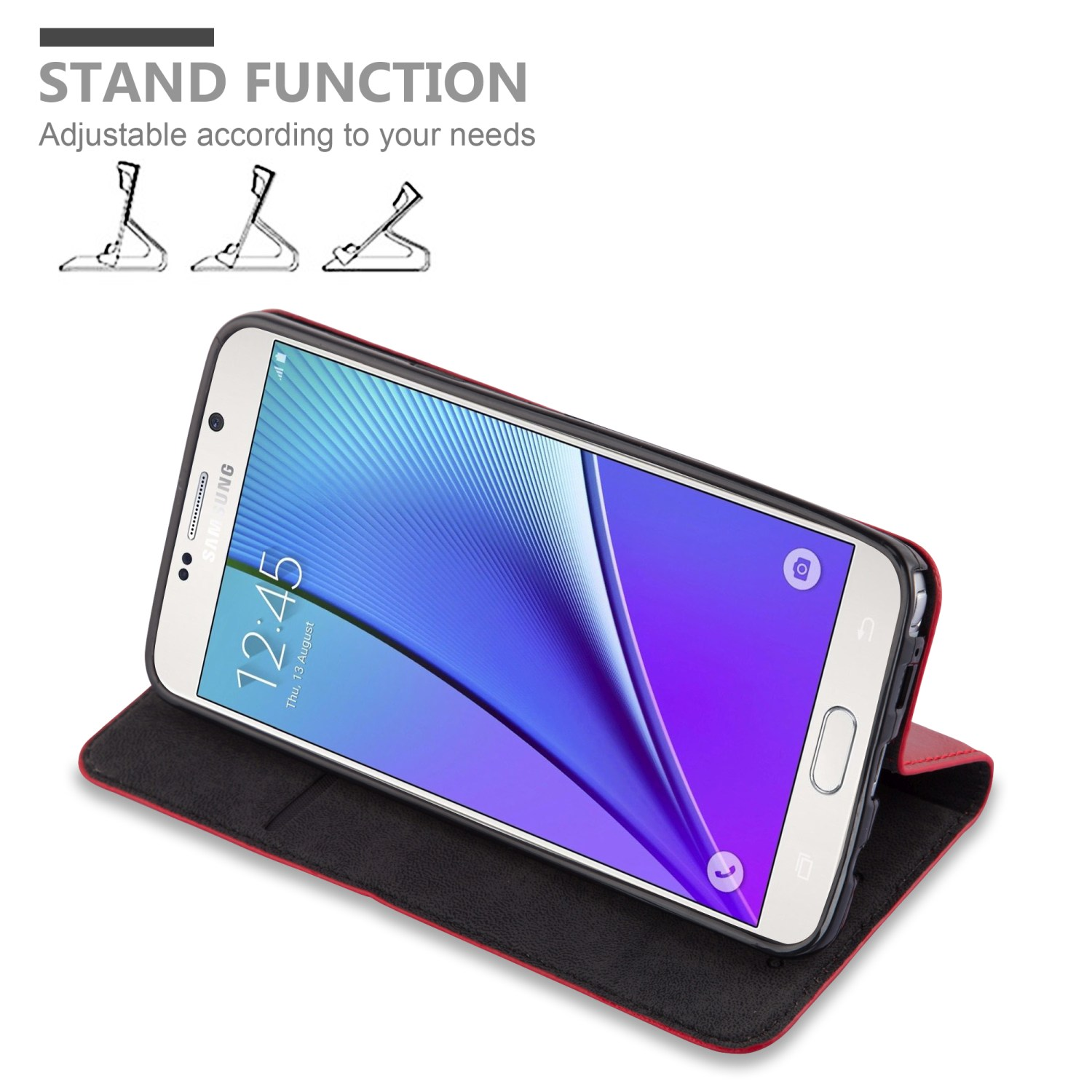 Telefon in einer rot-schwarzen Hülle. Standfunktion mit mehreren Standwinkeln gezeigt.