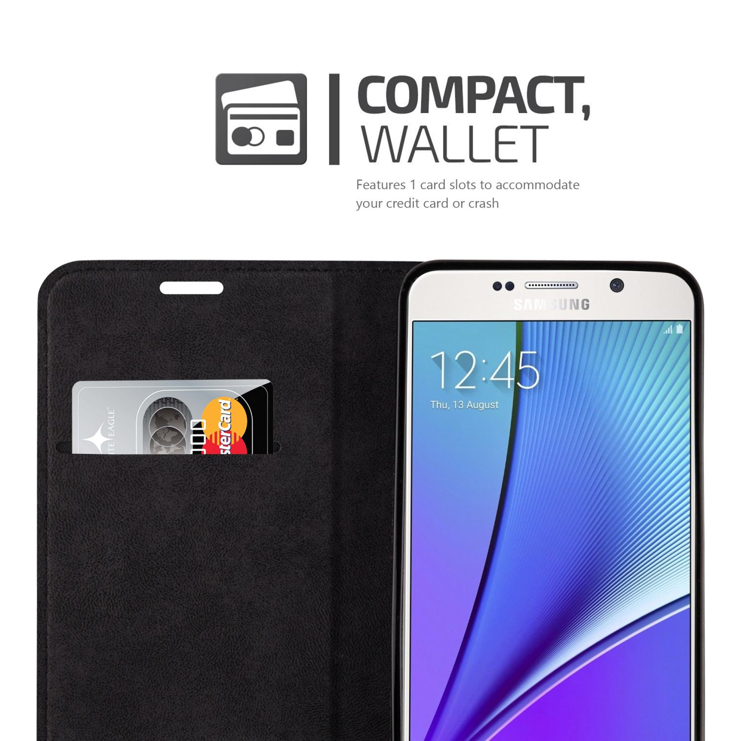 Schwarze Handyhülle mit Kartenfach. Telefon ist weiß mit blauem Display. Text: Kompakte Geldbörse. Kreditkarte ist sichtbar.