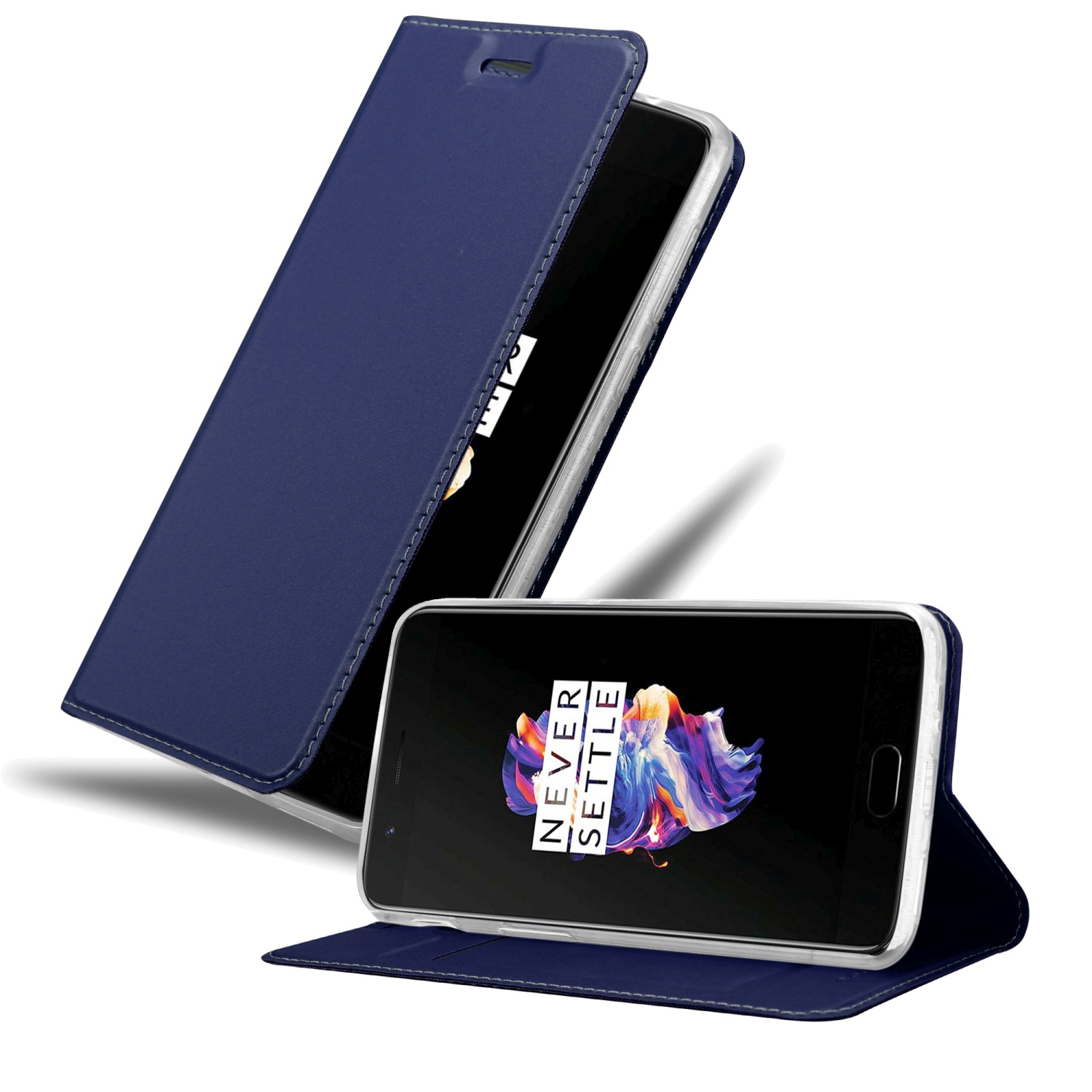 Funda azul para teléfono, abierta. El teléfono es negro con un diseño colorido en la pantalla.