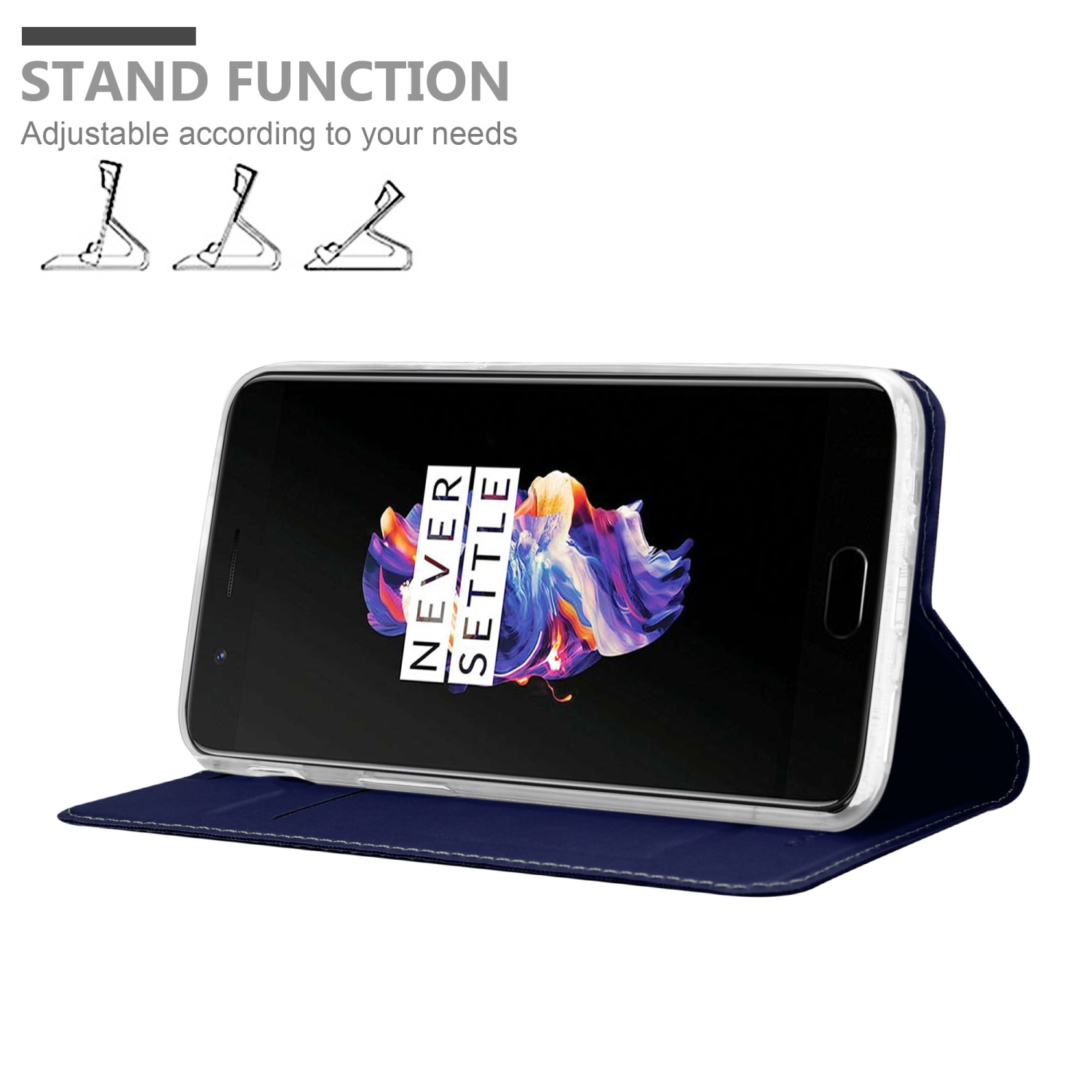 Funda de teléfono abierta con teléfono mostrando imagen abstracta colorida. Texto: 'Función soporte'.