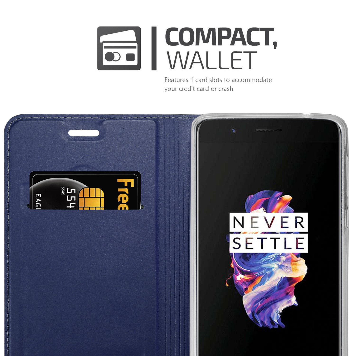 Funda azul de teléfono abierta con teléfono dentro. Muestra ranura para tarjeta y pantalla.