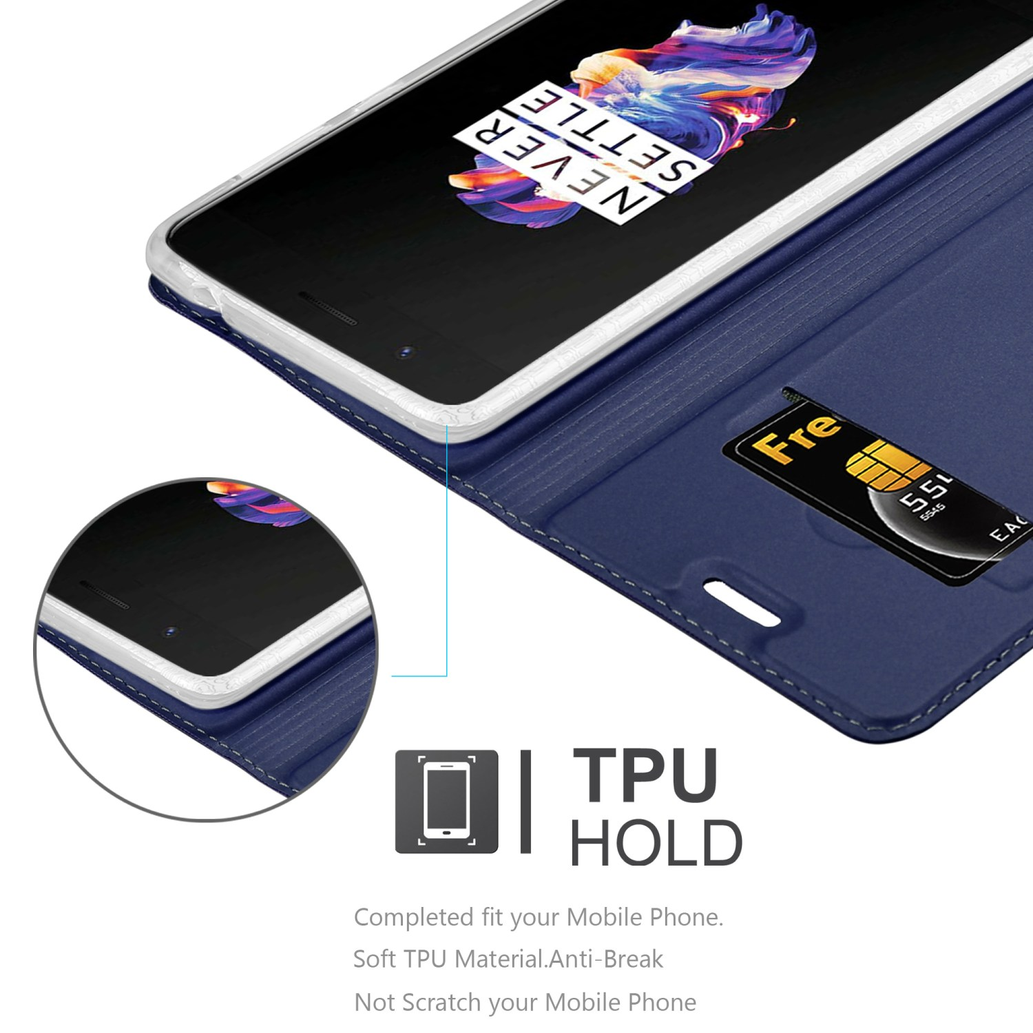 Teléfono en funda azul, abierto. Tarjeta y SIM visibles en la funda. 'NEVER SETTLE' en la pantalla.