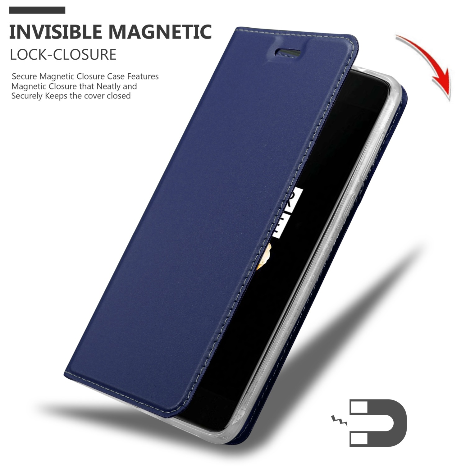 Funda azul para teléfono con cierre magnético. El teléfono está dentro. Tiene un símbolo magnético y una flecha roja.