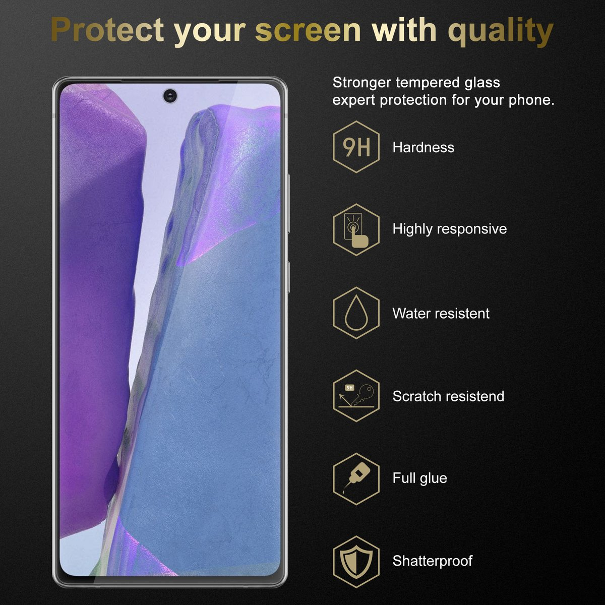 Écran de téléphone avec protecteur montrant différentes propriétés : dureté, réactivité, résistance à l'eau.