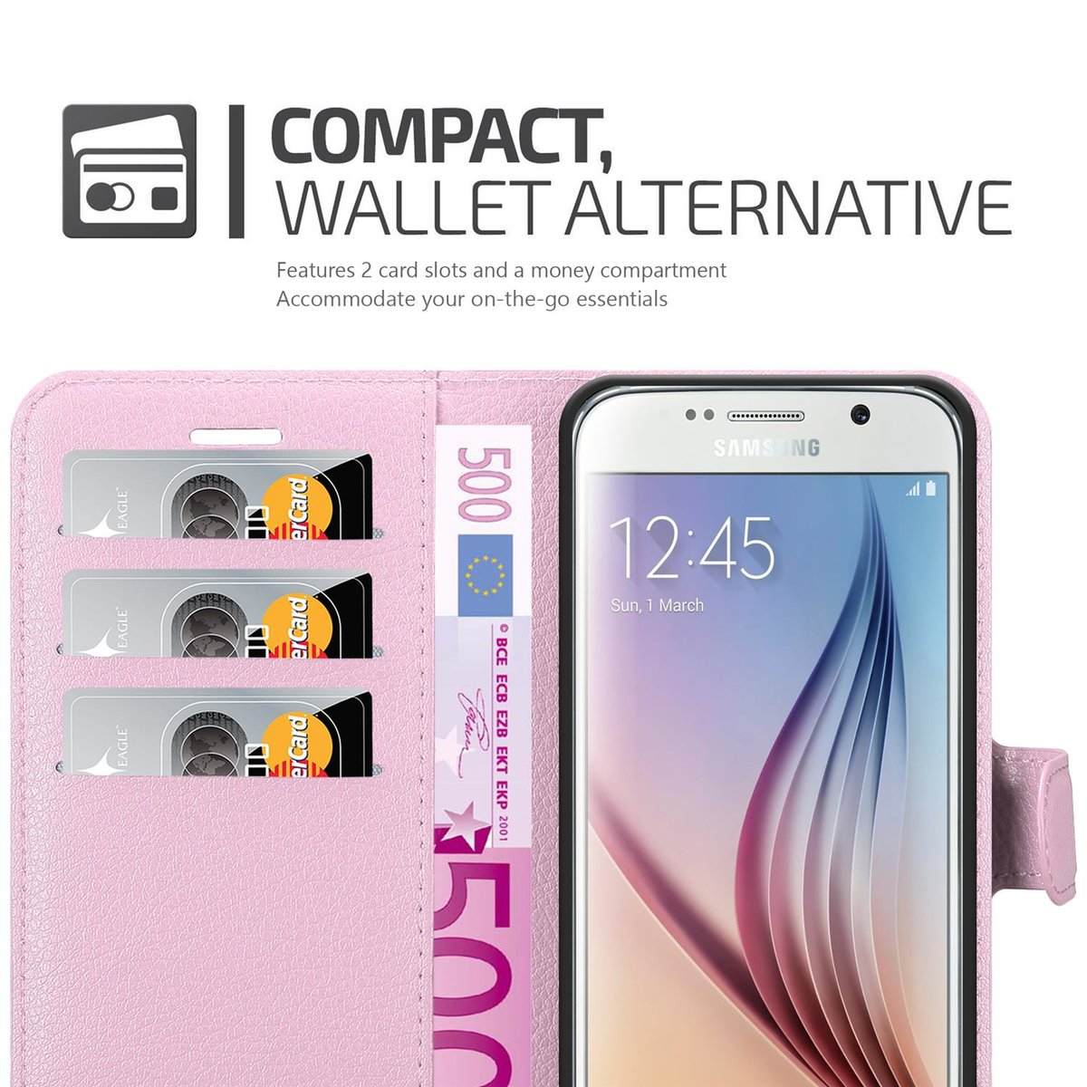 Custodia a portafoglio rosa, aperta, mostra scomparti carte, denaro e telefono con schermo.