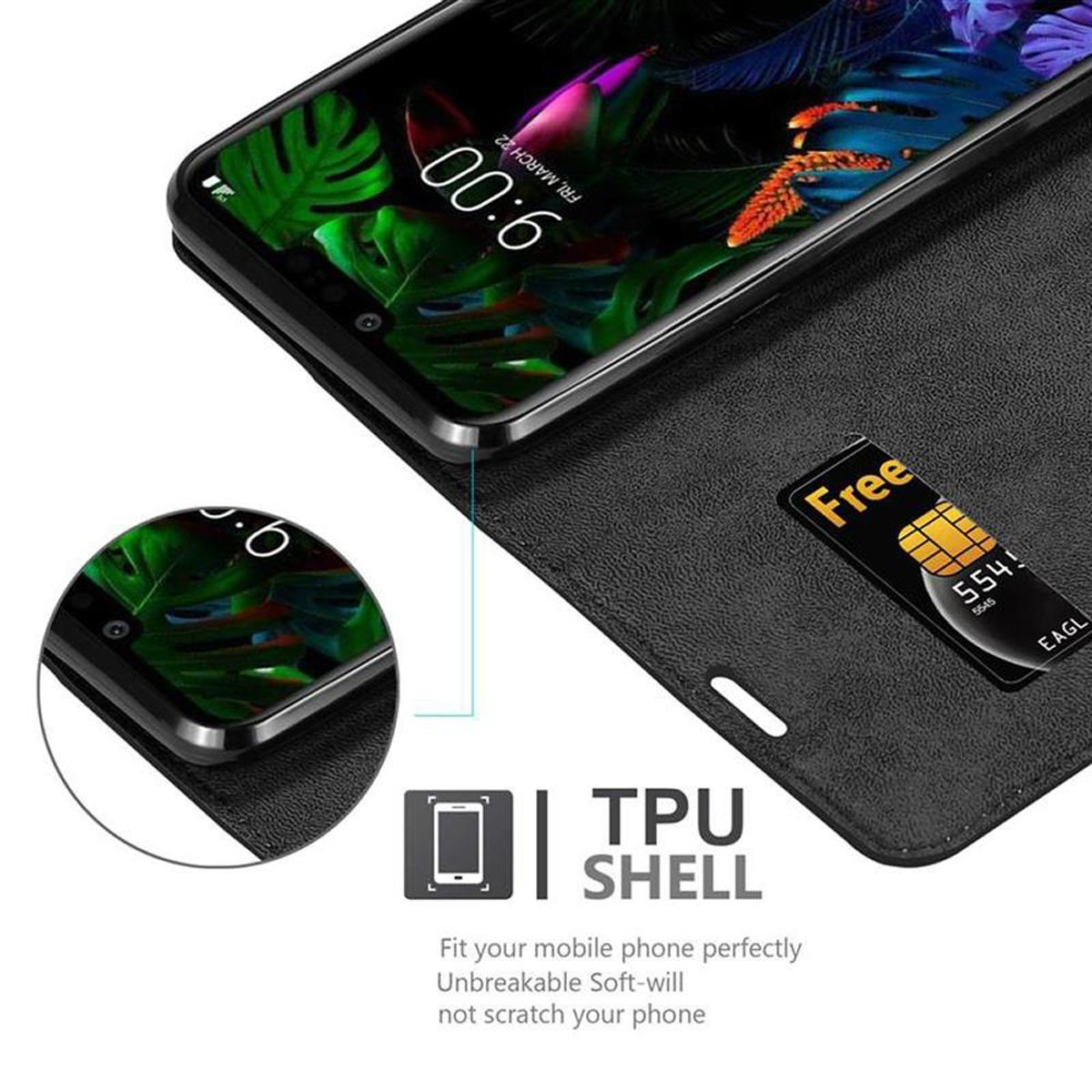 Custodia per telefono con slot per schede e design aperto. Il telefono è nella custodia. Il piccolo testo menziona il guscio in TPU.
