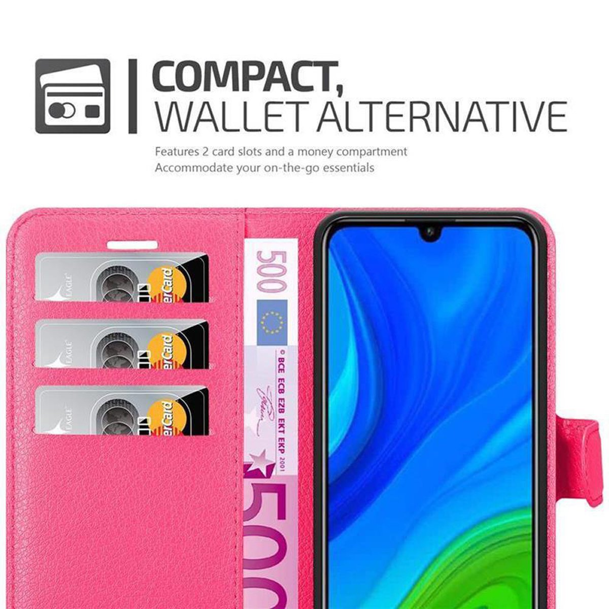 Una custodia per telefono rosa con carte, contanti e un telefono. Mostra l'alternativa al portafoglio.