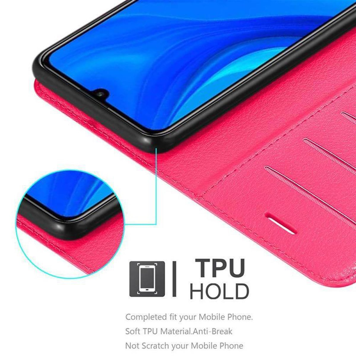 Custodia per telefono rosa. Il telefono è nella custodia. Mostra il testo TPU HOLD e l'icona del telefono.