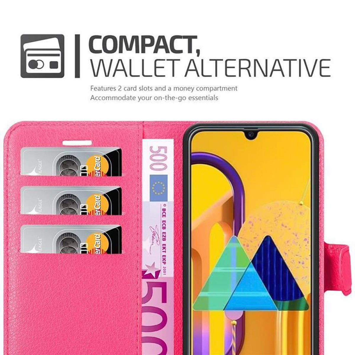 Una custodia rosa con fessure per carte e un vano portabanconote. Un telefono è all'interno.