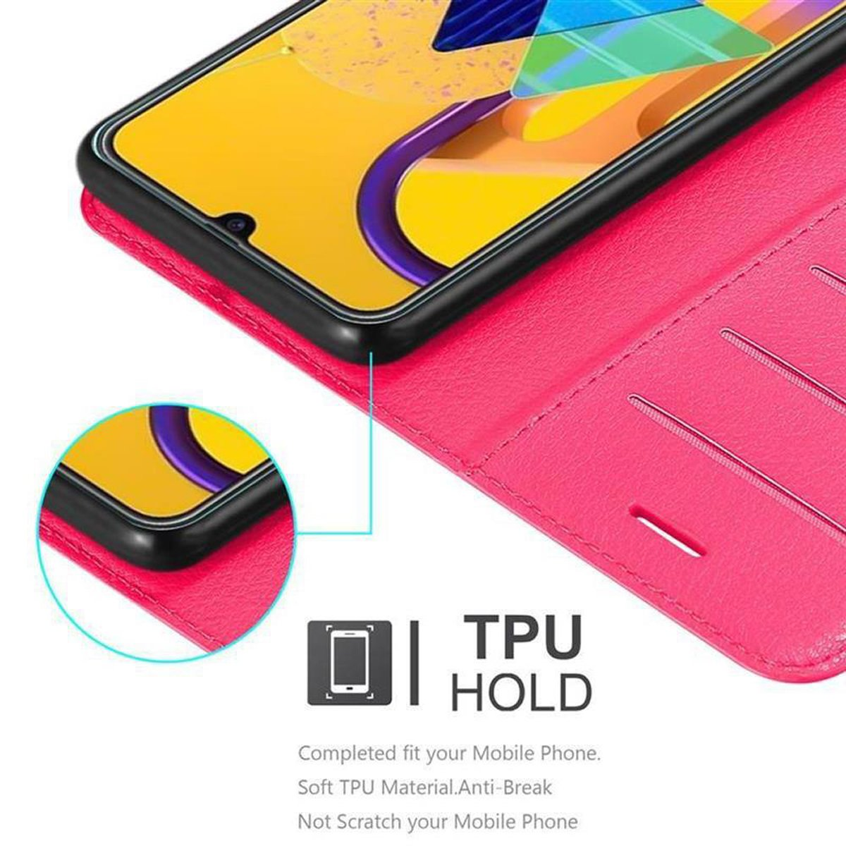 Custodia per telefono rosa, che mostra il telefono all'interno. Testo: TPU Hold. Adattamento completo al tuo cellulare.
