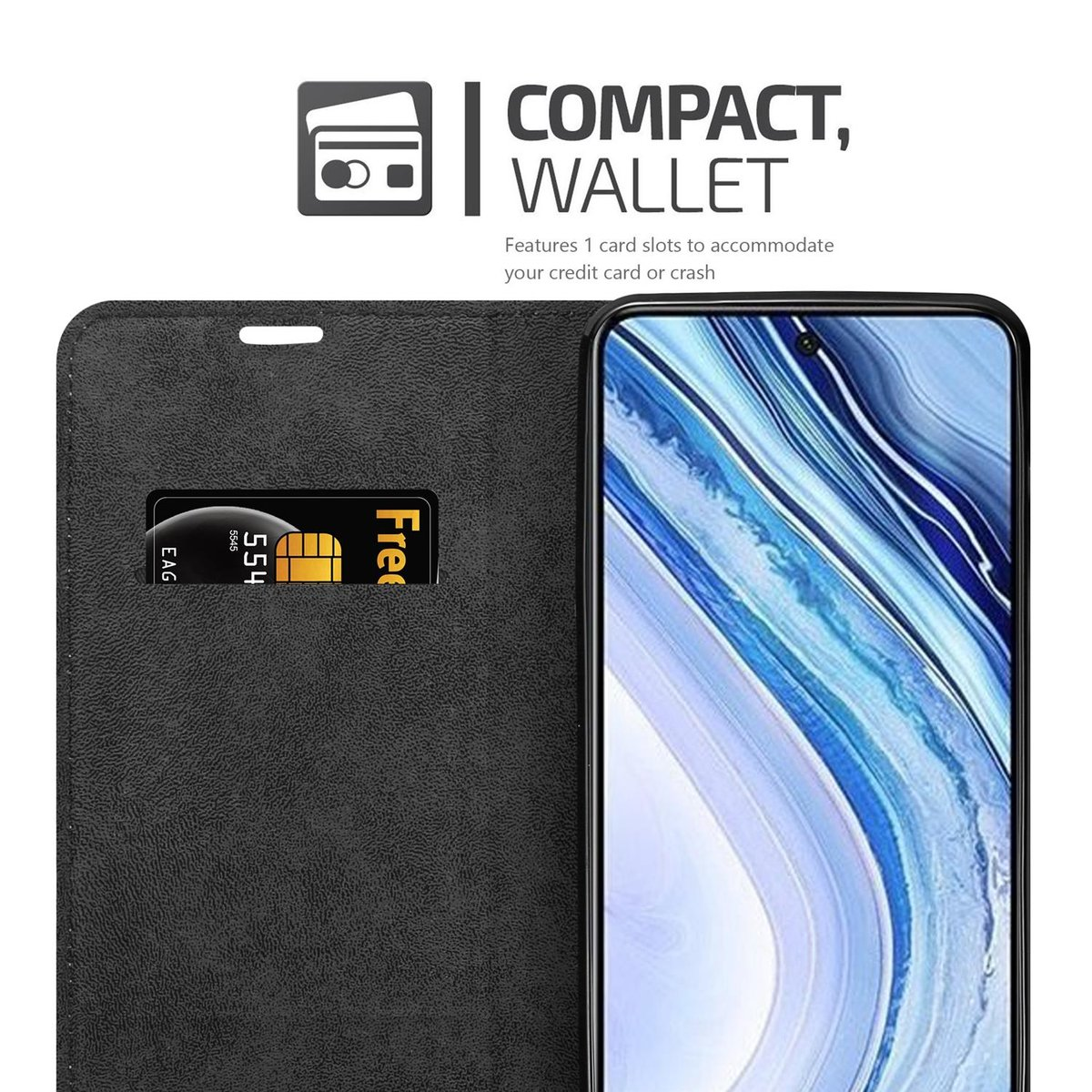 Custodia per telefono nera con carta all'interno. Dispone di uno slot per schede. Copertura nera.