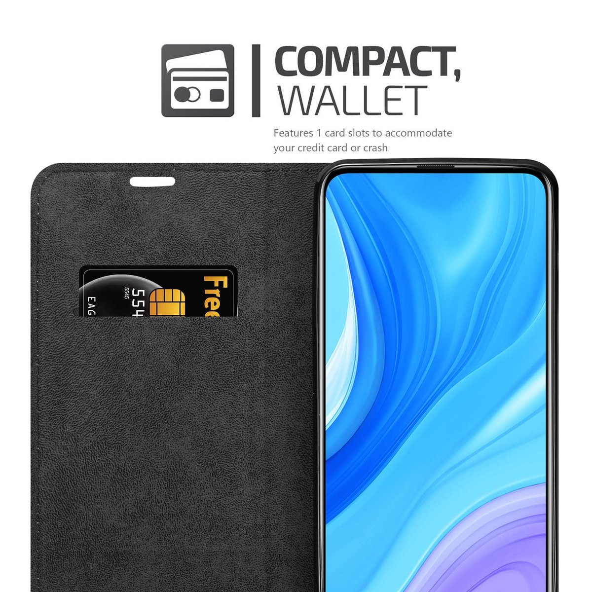 Eine schwarze Handyhülle mit Kartenfach und einem Handy mit blauem Bildschirm.