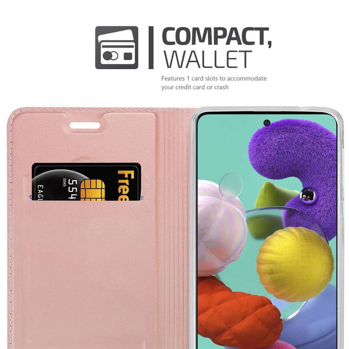 Custodia a portafoglio rosa con slot per carte. Carta di credito visibile. Telefono dentro.