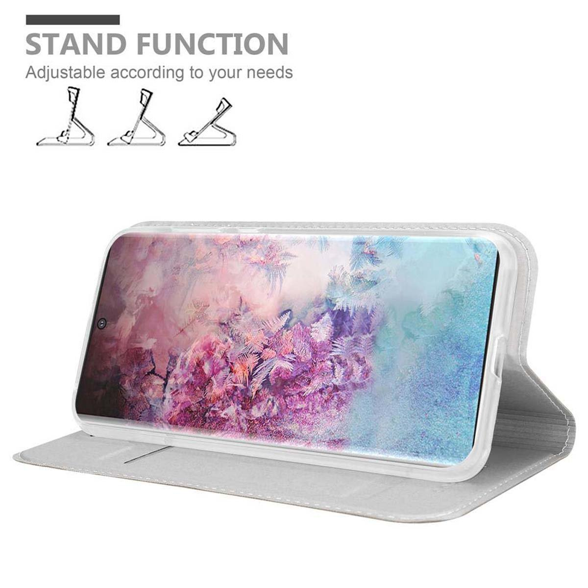 Tablet in custodia, aperto, con funzione stand. Lo schermo mostra un'immagine colorata.