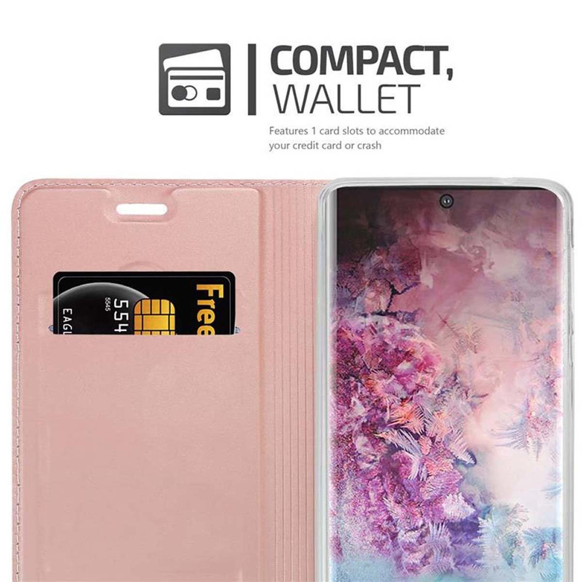Una custodia per telefono rosa con fessura per carta di credito, che mostra una carta. Design compatto a portafoglio.
