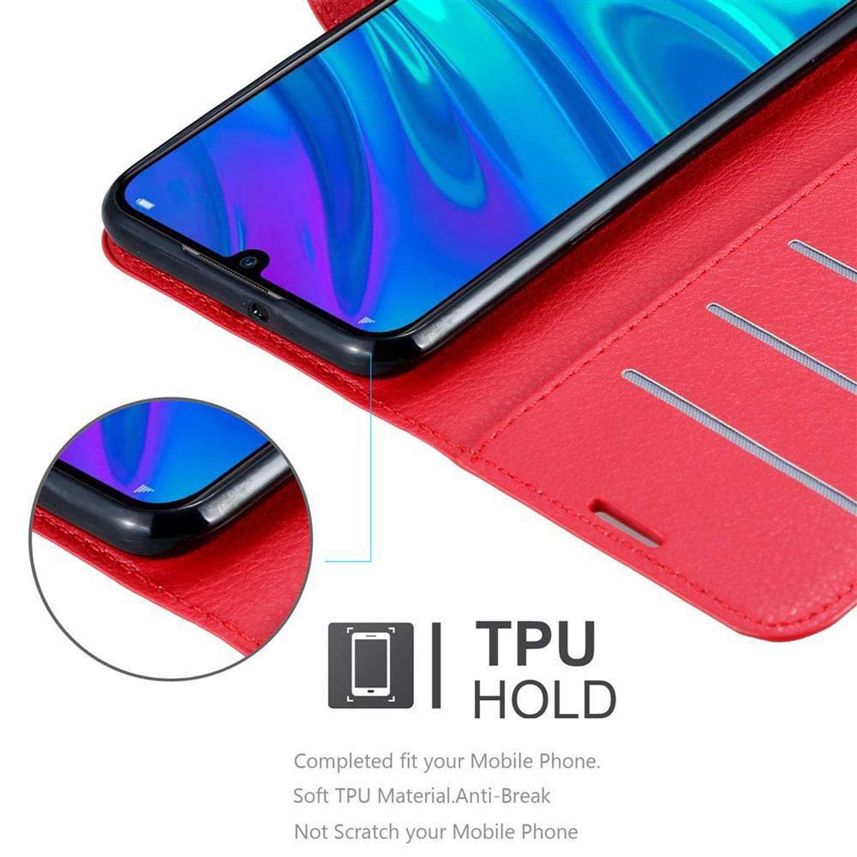 Custodia rossa per telefono con telefono all'interno. Materiale simile alla pelle rossa. Testo: TPU HOLD.