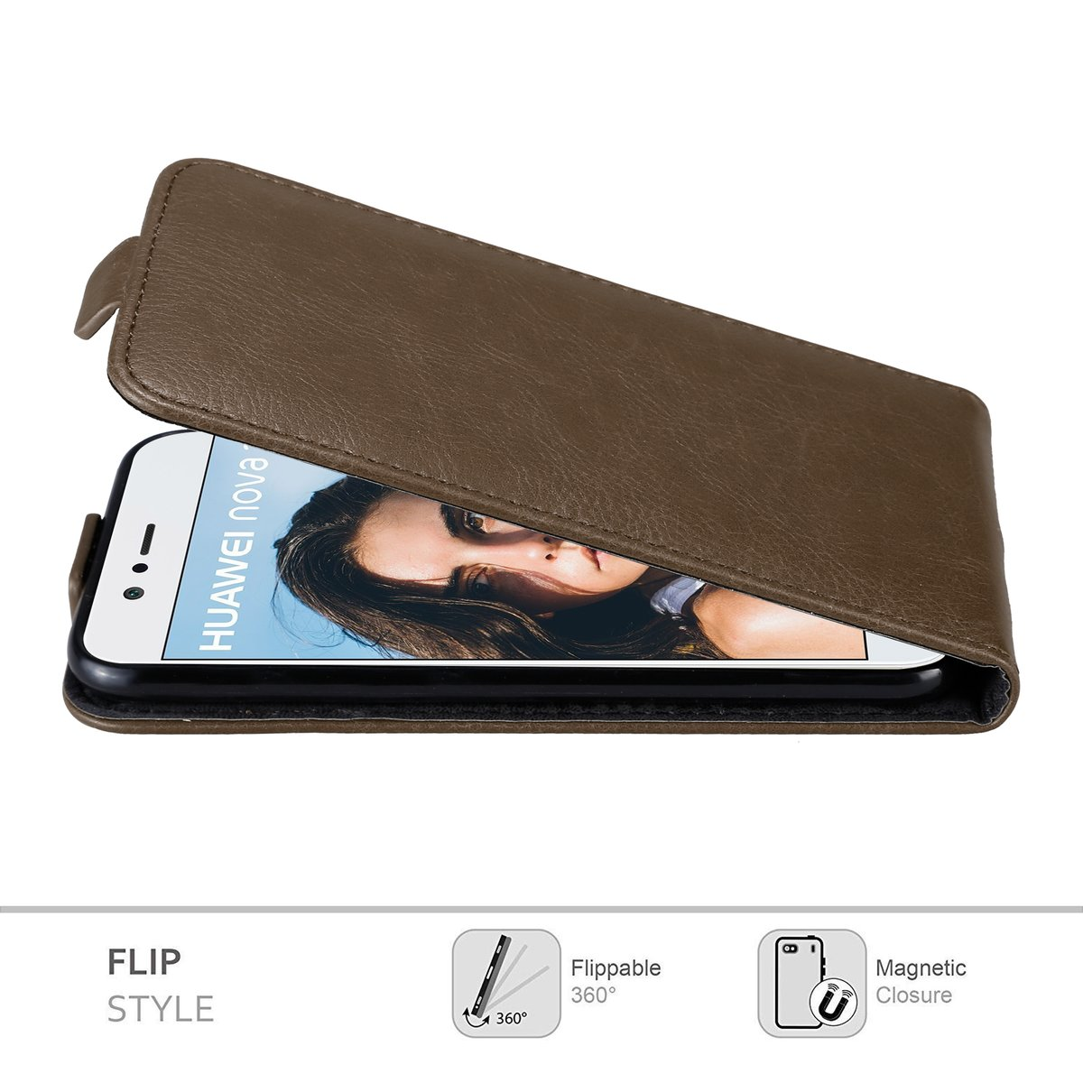 Eine braune Flip-Handyhülle, die ein Huawei Nova-Telefon zeigt. Die Hülle hat einen Magnetverschluss.