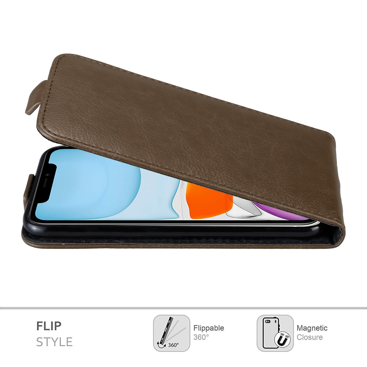Custodia per telefono marrone a libro, aperta per rivelare un telefono all'interno. Le icone indicano ribaltabile e chiusura magnetica.