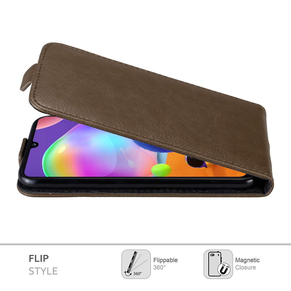 Custodia a libro in pelle marrone, aperta. Telefono visibile. Custodia marrone. Stile flip.