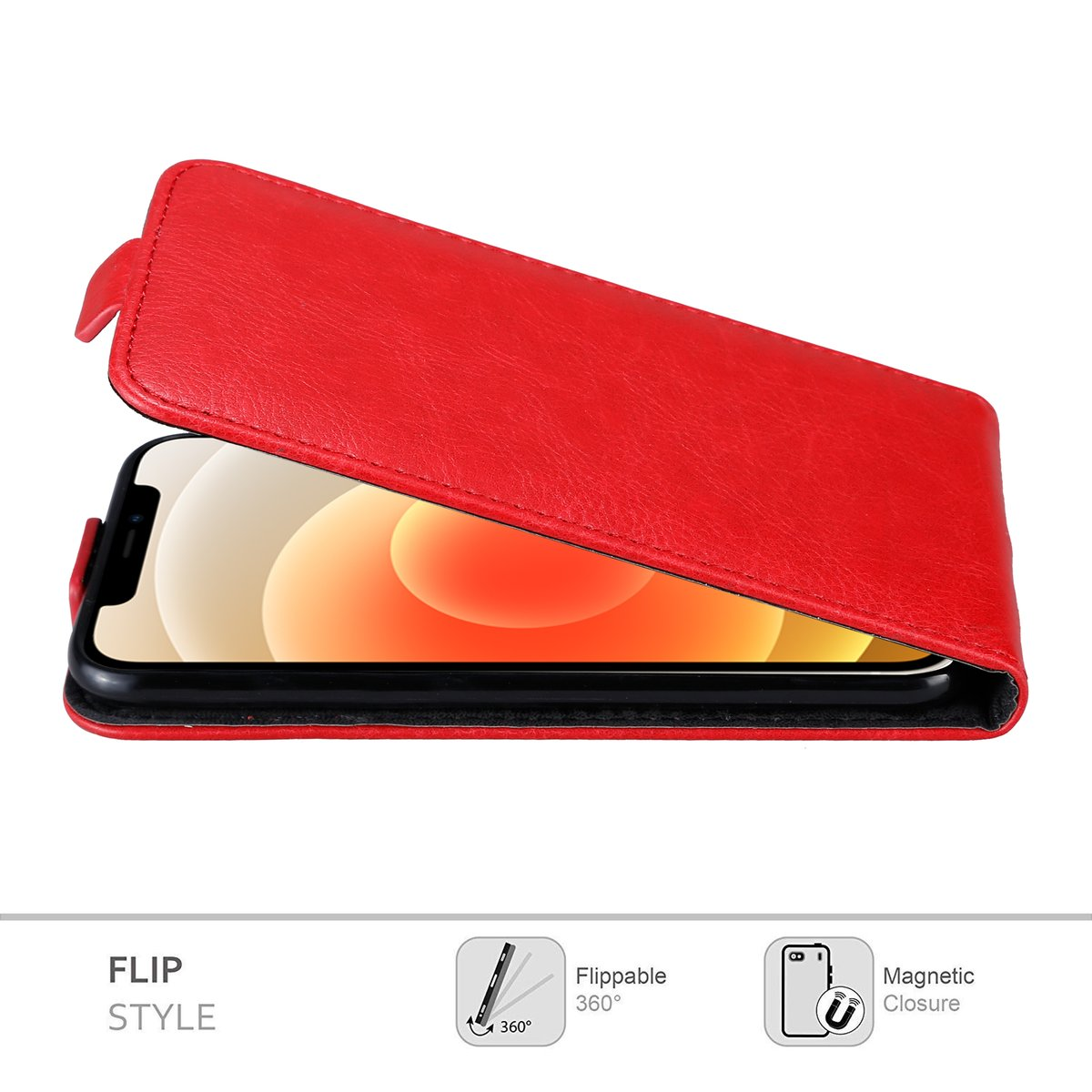 Una custodia per telefono in pelle rossa con design a ribalta, che rivela lo schermo del telefono.