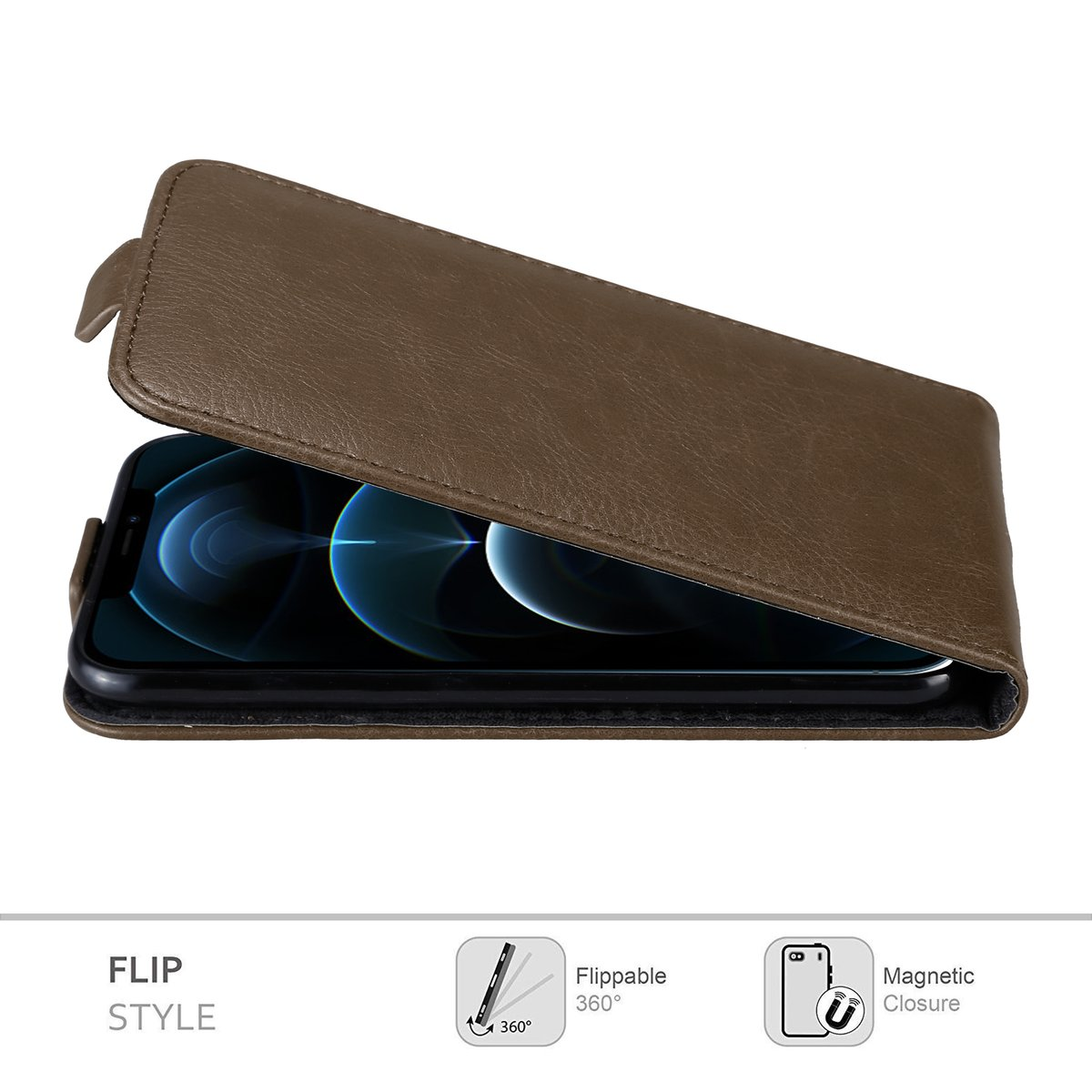 Custodia a libro in pelle marrone con un telefono all'interno, che mostra lo stile flip e la chiusura magnetica.
