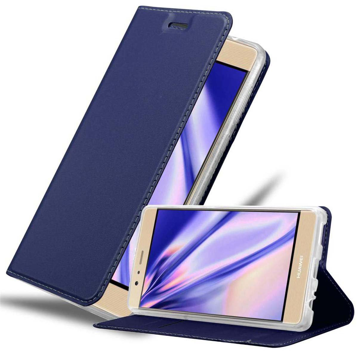 Una funda azul marino con un teléfono dentro. Otra funda a la izquierda.