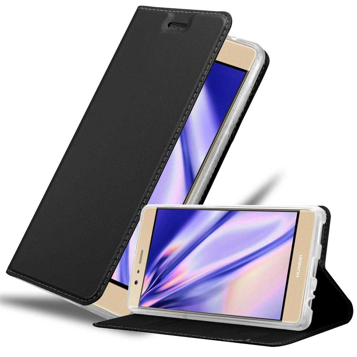 Una funda de teléfono negra, abierta para mostrar un teléfono. La funda y el teléfono tienen un borde dorado.