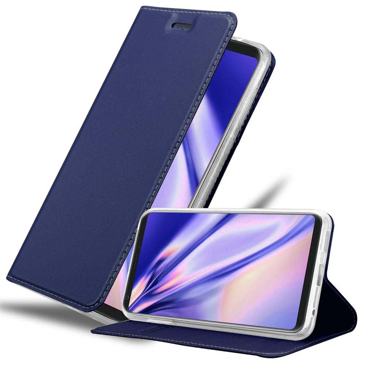 Custodia blu per tablet, angolata con tablet che mostra immagine sfocata e colorata. Su supporto.