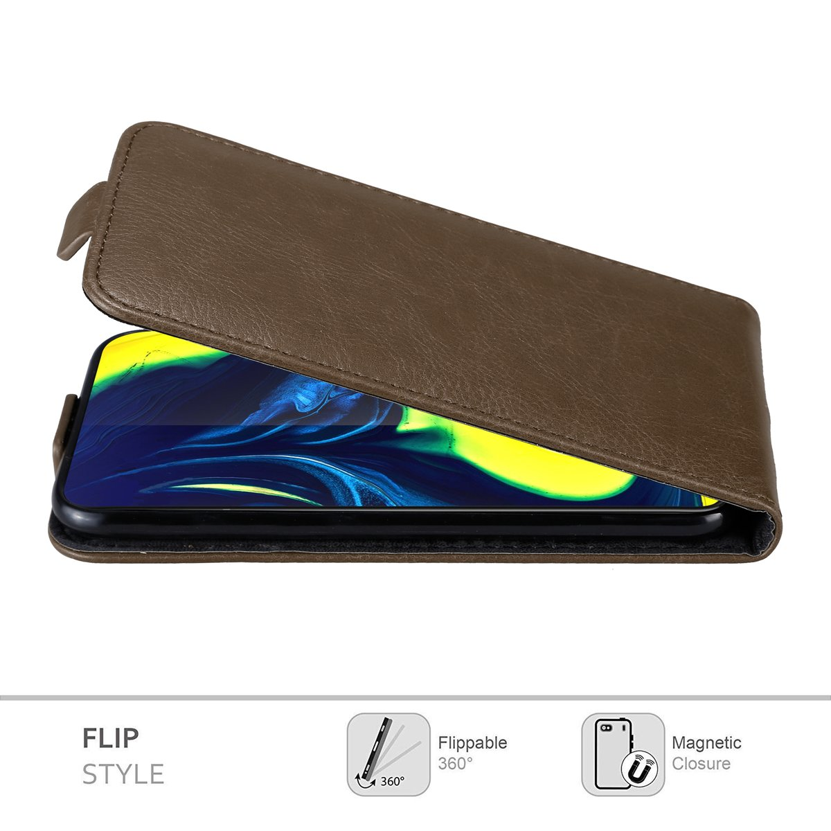Custodia a libro in pelle marrone con telefono all'interno.