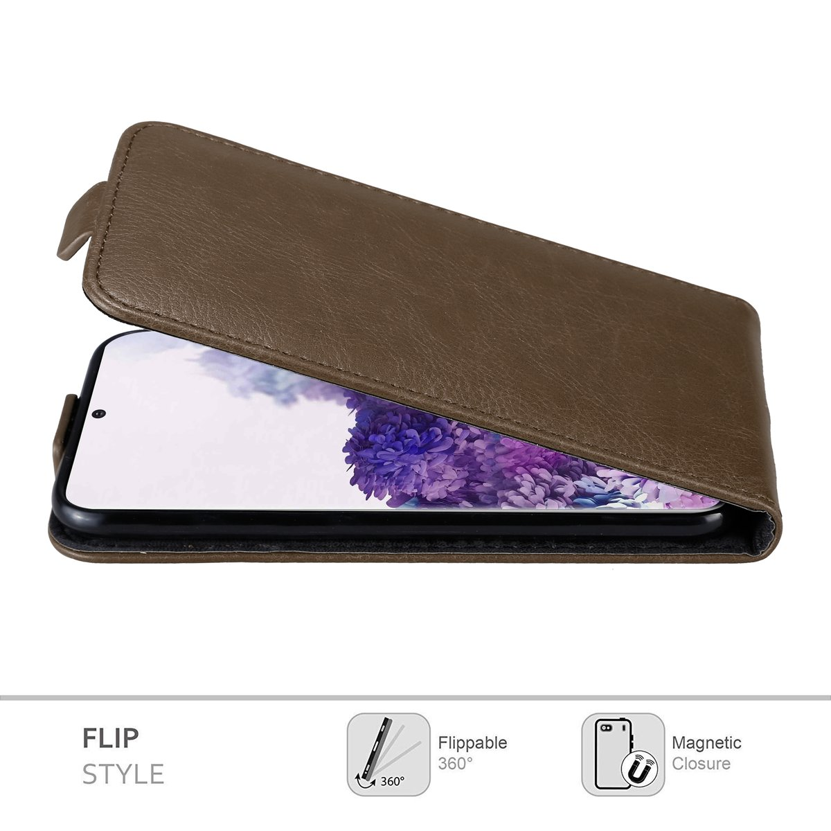 Custodia in pelle marrone aperta, che rivela lo schermo del telefono.