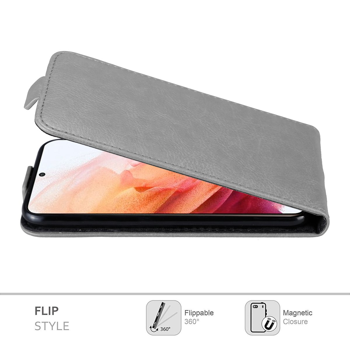 Telefon in einer grauen Flip-Hülle. Der Bildschirm ist sichtbar. Die Hülle hat einen Magnetverschluss.