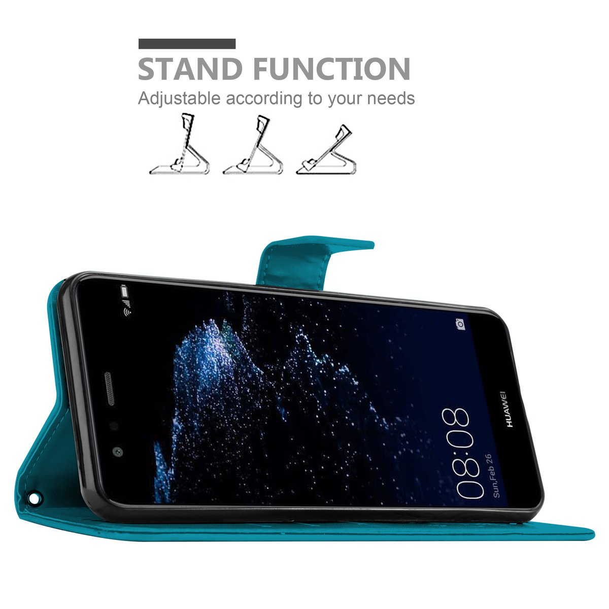 Custodia per telefono verde acqua con telefono all'interno, visualizza ora e data. Icone funzione supporto.