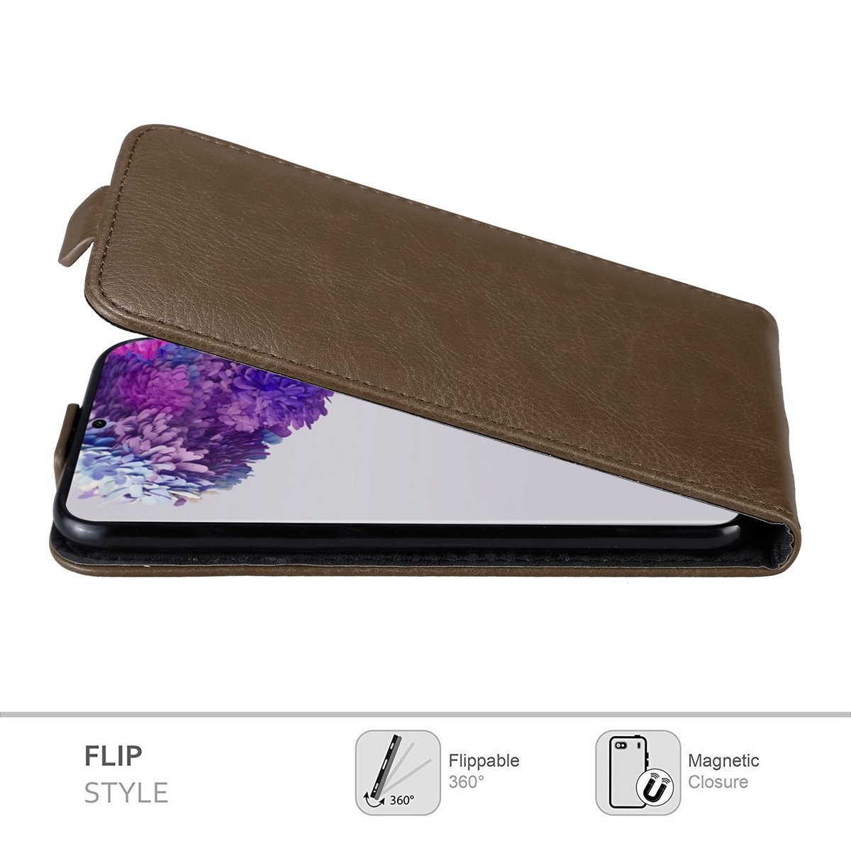 Custodia per telefono marrone a libro, parzialmente aperta per rivelare uno schermo. Con chiusura magnetica.