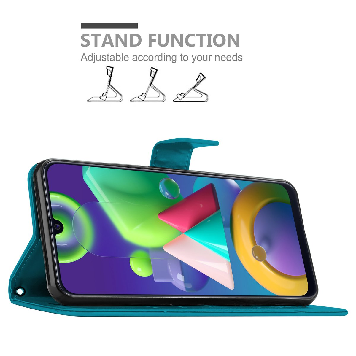 Telefono in custodia blu con immagine astratta colorata. Testo: 'Funzione stand'.