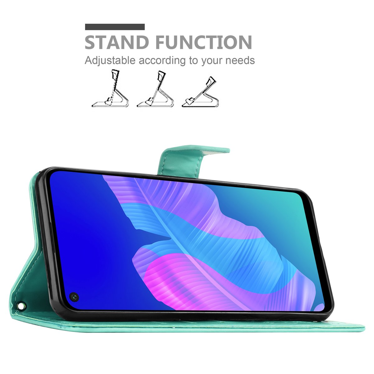 Custodia verde per telefono con telefono all'interno. Ha una funzione stand. Il telefono è verde acqua.