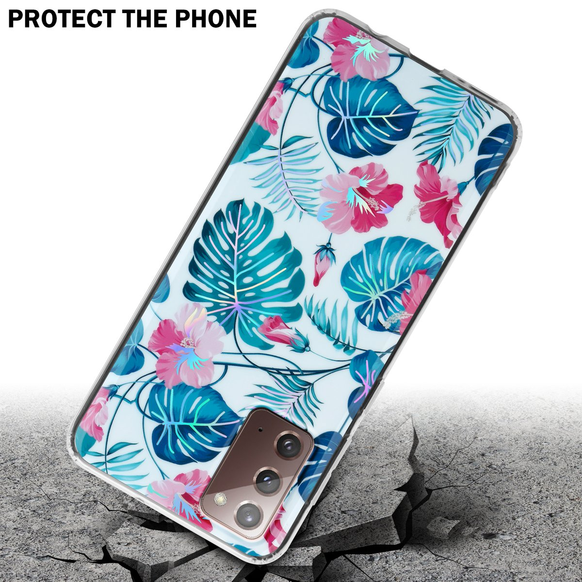 Telefono con custodia floreale. Fiori rosa e turchese su sfondo bianco. Terreno crepato.