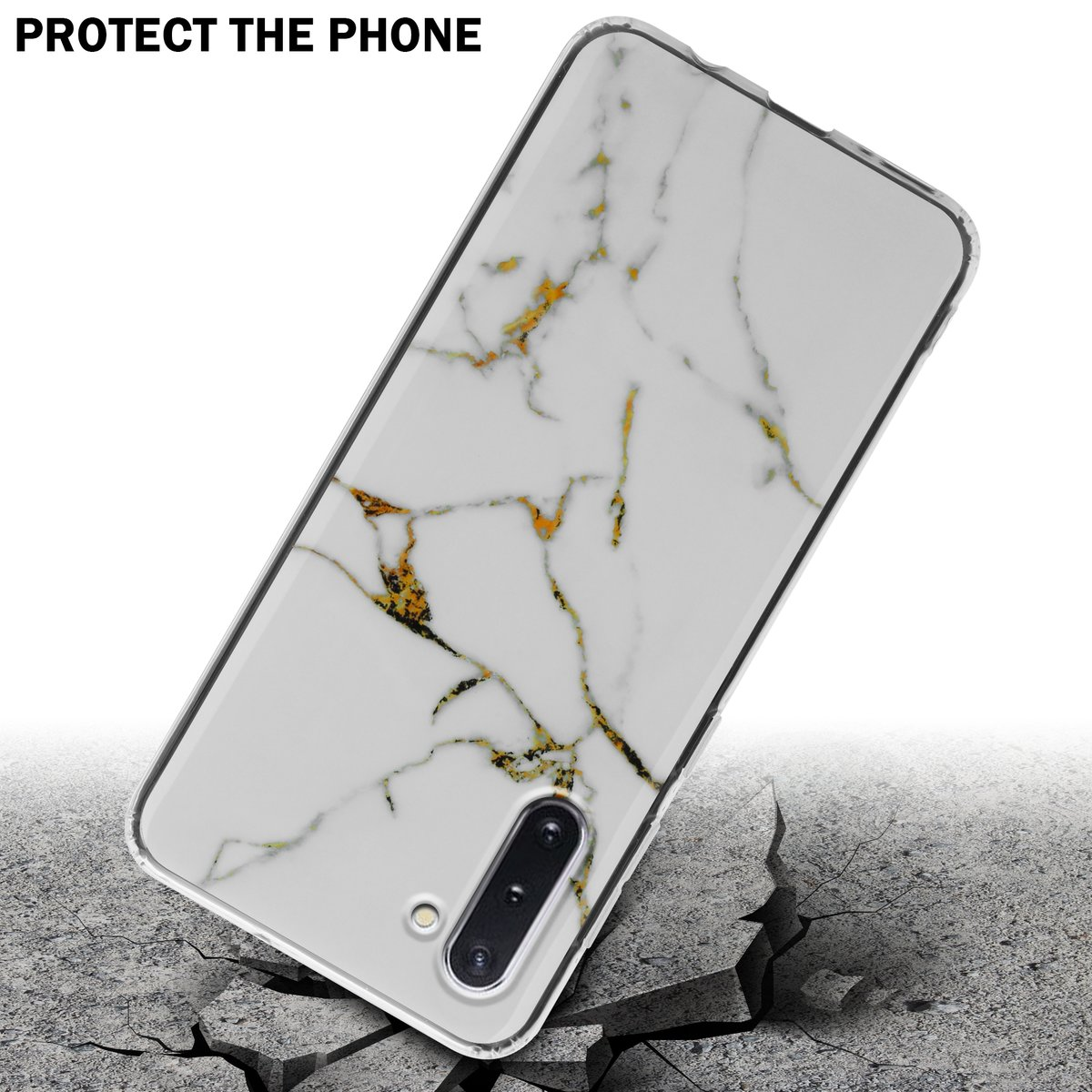 Custodia del telefono con motivo marmoreo, con crepe nel terreno, su sfondo bianco.