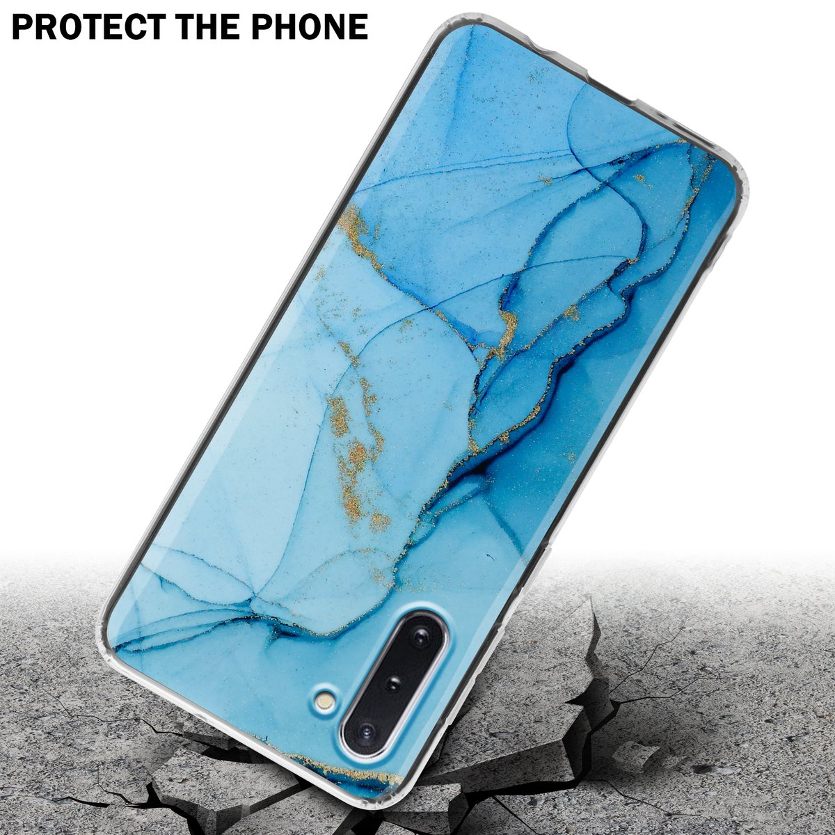 Custodia per telefono blu marmorizzato, terreno incrinato. La custodia è angolata e mostra il telefono.
