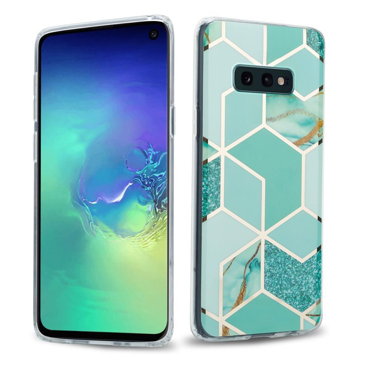 Un telefono con una custodia geometrica turchese. Lo sfondo è bianco.