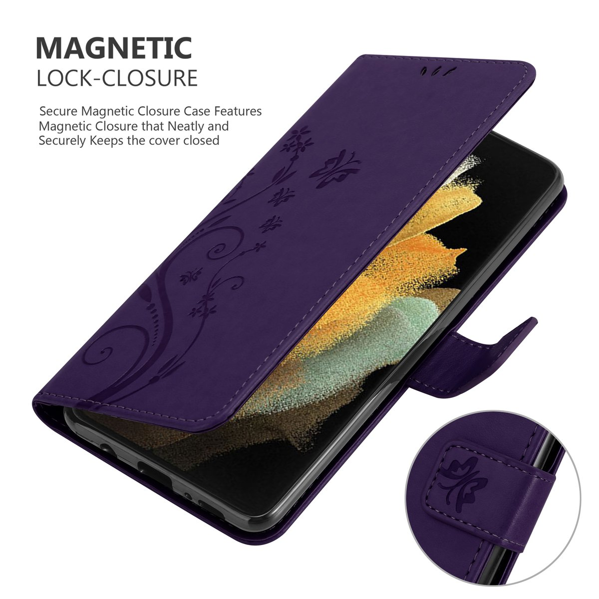 Una custodia per telefono viola è aperta, rivelando lo schermo del telefono. Design floreale e chiusura magnetica visibili.