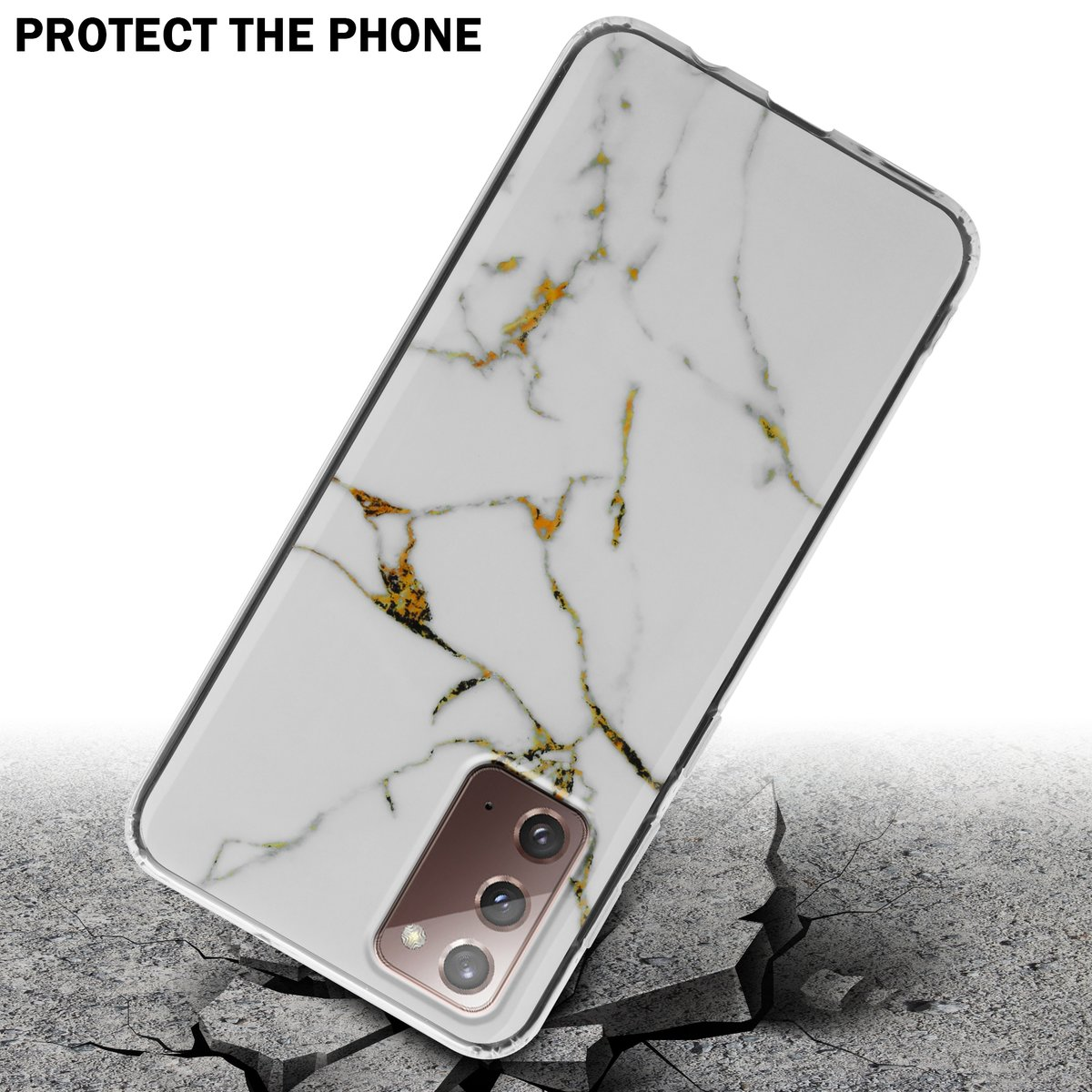 Una custodia per telefono con un design a marmo bianco e oro. Il telefono è mostrato su cemento crepato.